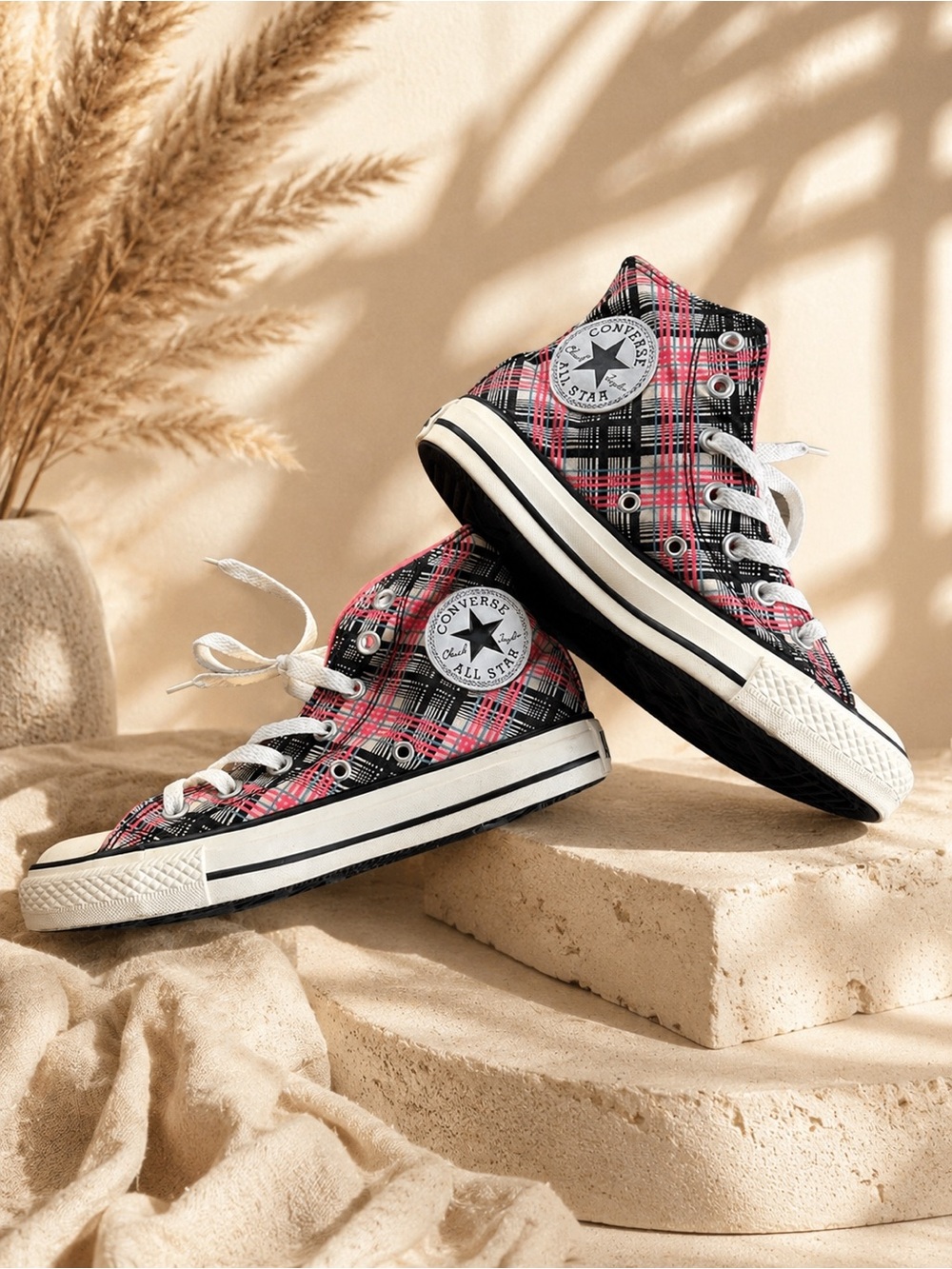 Converse Chuck Taylor All Star High Top Y2K Retro Plaid Sz 6.5 Pink Black Blue